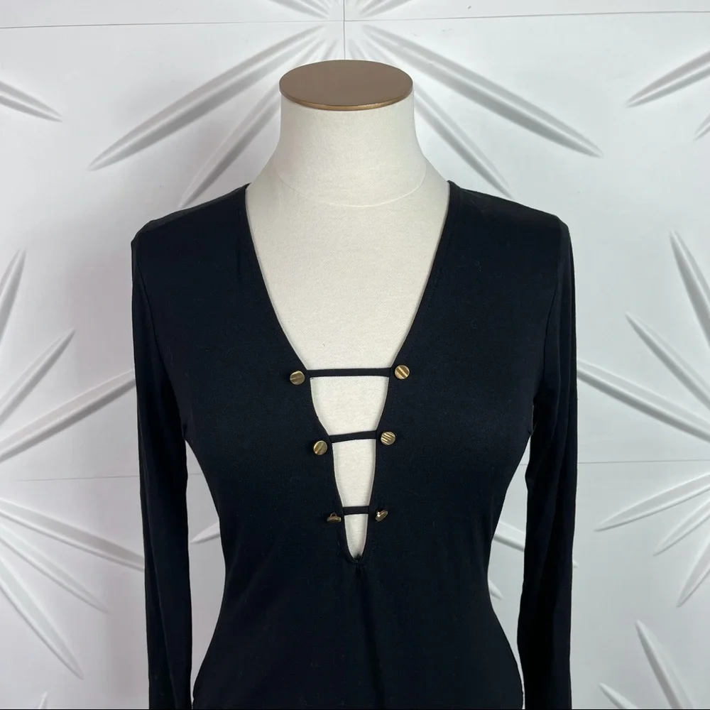 Bodysuit Plunging Neck Line & Gold Buttons - Picture 3 of 9